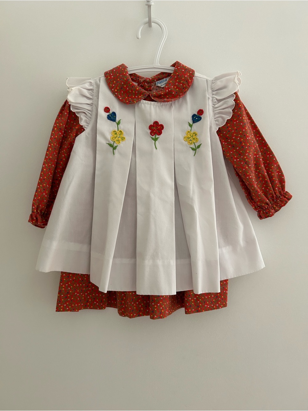 Vintage Nannette Red Floral Collar Dress with Green and Yellow Accents